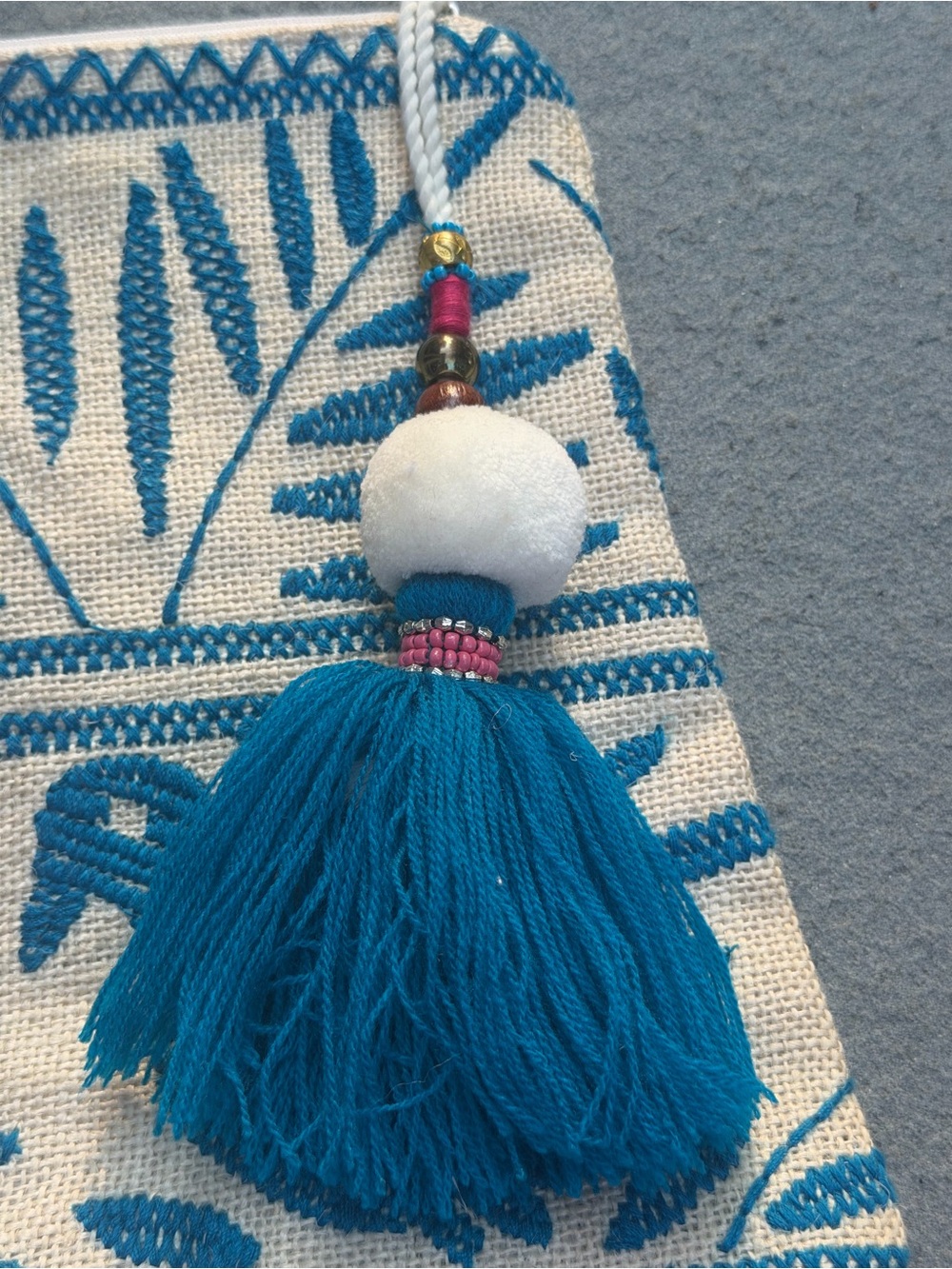 Star Mela Blue Embroidered Bird Tassel Boho Canvas Zip Bag 12" x 10" - Picture 6 of 12